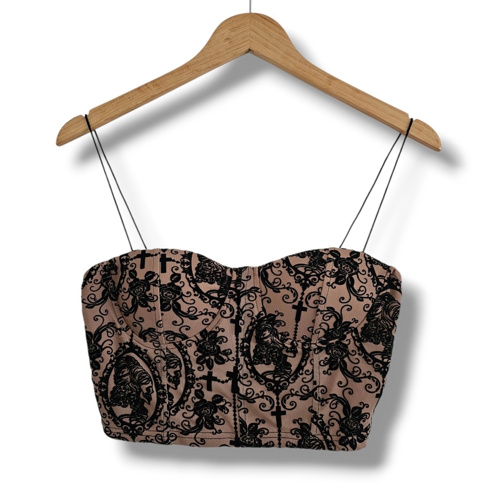 Bustier Crop Top L Womens Tan Black Skull Cross Gothic Cami Grunge Dark Witchy‎